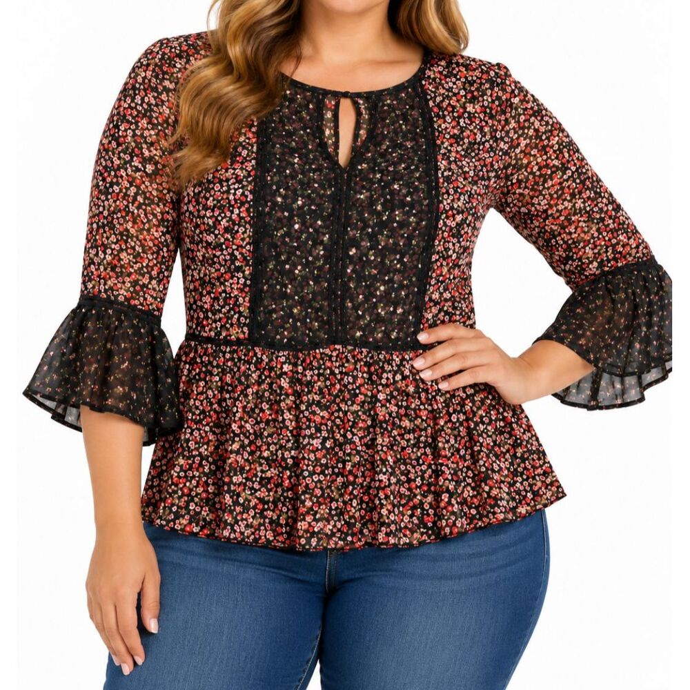 Long Tall Sally Women’s Black Floral Bell Sleeve Peplum Blouse | US 8 Tall
